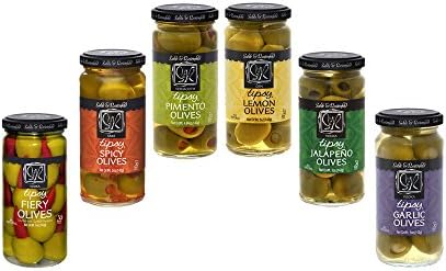 Tipsy Green Olives Stuffed with Peppers, Lemon, Garlic, Jalapenos, & Pimento - Colossal Cocktail Olives with Liquor for Bloody Mary Condiments, Martini Stuffed - Sable & Rosenfeld - Set of 6