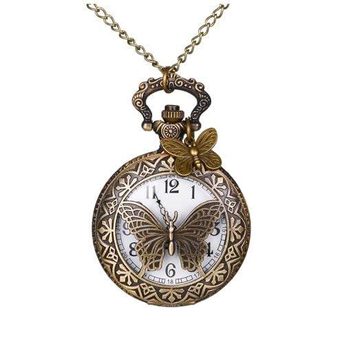 Avaner Hollow Butterfly Pocket Watches: Bronze Vintage Retro Analog Quartz Watch with Chain for Men and Women