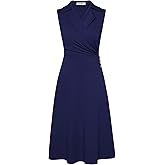 GRACE KARIN 2025 Women's Notch Lapel Ruched Wrap V Neck Business Work Dress Sleeveless A Line Midi Dress