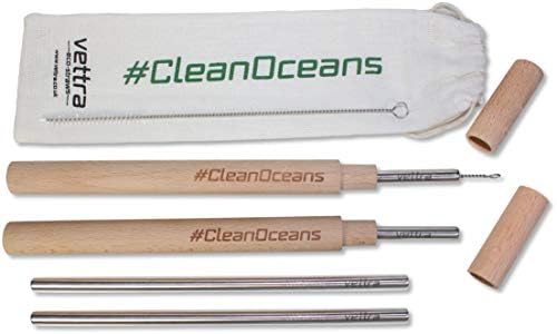 Set of Four Reusable Stainless Steel Drinking Straws by Vettra, with Two Wooden Travel Cases & Cleaning Brushes. Includes A Travel Bag. Reusable Straws, Non Plastic Straws.
