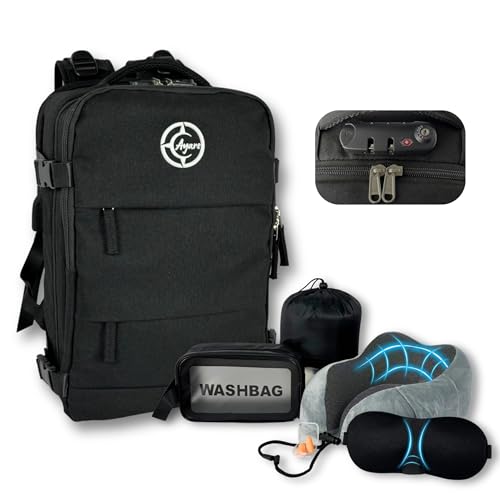 Ayars Ryanair Priority Cabin Backpack 55x40x20 | Oxford 900D Waterproof | TSA Lock | Airplane Hand Luggage | Travel Kit: Neck Pillow + 3D Mask + Plugs + Toiletry Bag | USB