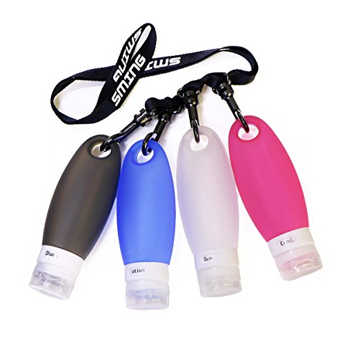 SMING Portable Soft Silicone Gym Travel bottles Set TSA Approved Carry On Shampoo Conditioner Bottle Leak Proof Design BPA Free for Cosmetics 3.3 Oz with Shower Lanyard in EVA Bag(4 Pack (multi))