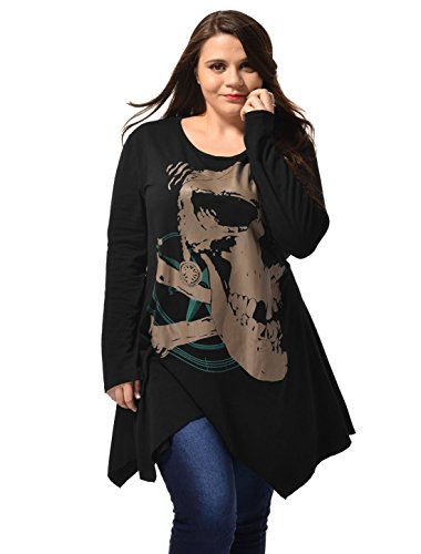Alya Ladies Asymmetric Hem Skull Print Plus Size Blouse T-Shirt Black 2X