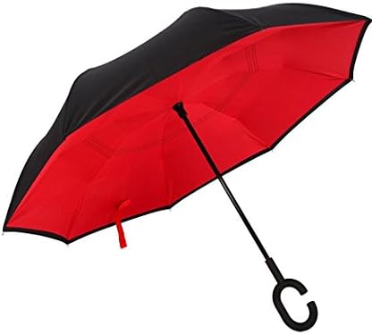 Premium Double Layer Windproof, UV Protection, Auto Click Open, Inverted Reverse Folding, Larger C-Shaped Handle Umbrella for Women and Men by LuMi Ma Products, with Carry Bag (Red)