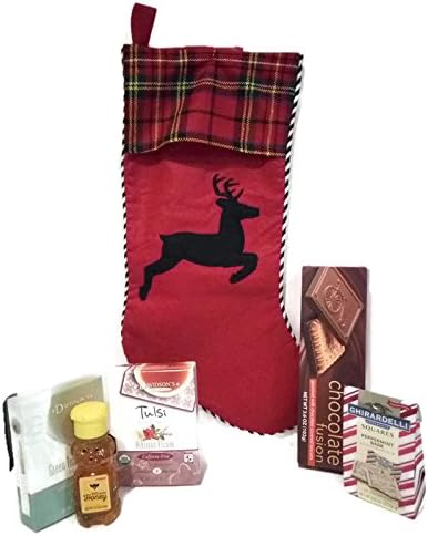 Tea Lover's Stocking Bundle: 6 Items - 1 19 in. Red Stocking, 1 8-Bag Green Tea Garden, 1 8-Bag Hibiscus Flower Tea, 1 4.2 oz. Pure Honey, 1 3.6 oz Chocolate Covered Biscuit, 1 .83 oz Peppermint Bark