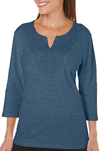 Coral Bay Petite Crochet Neckline Solid Top Small Petite Bering Sea Blue