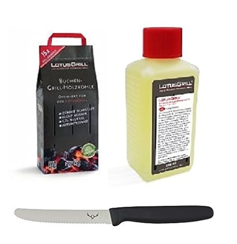 LotusGrill Buchenholzkohle 2,5 kg Sack und LotusGrill Brennpaste 200 ml, beides entwickelt für raucharmes Grillen mit dem Lot