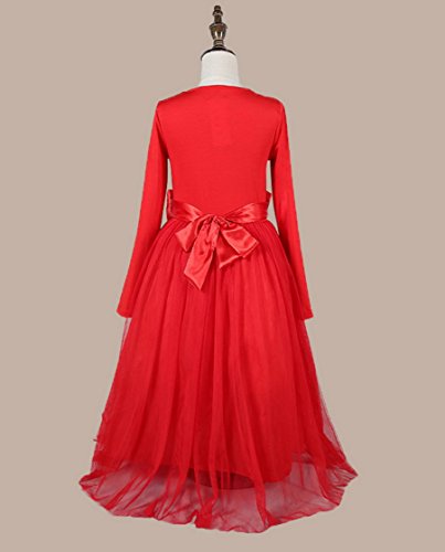 Kids Girls Princess Bow Dresses Long-sleeve Net Yarn Wedding Red - Image 3