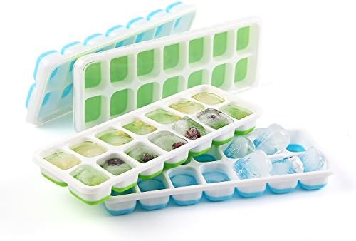 Sikves Ice Cube Trays with No-Spill Lid, BPA Free Silicone Ice Cube Marker Molds Easy to Pop Out, Perfect for Water, Cocktail and Drink, Set of 4 (Green&amp;Blue)