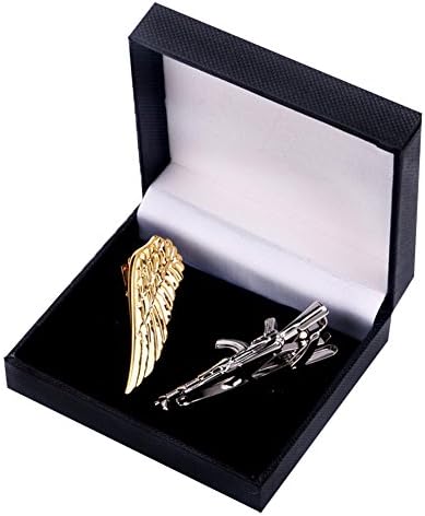 2pc Metal Alloy Mens Fashion Tie Clips Pins and Necktie Bar Silver Gold Tone Set for Skinny Neckties with Gift Box (Set 16)