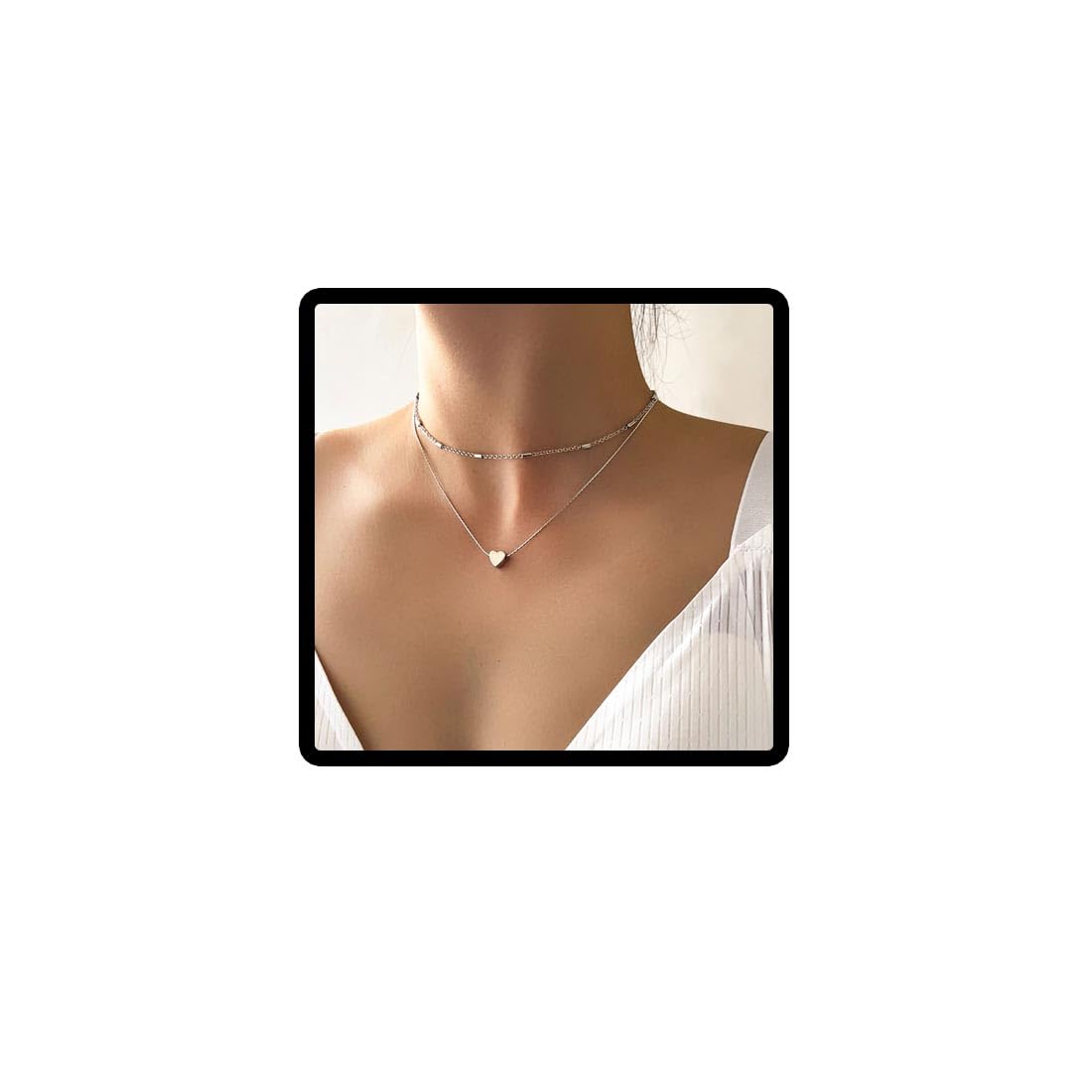Carufin Double Layered Love Heart Pendant Necklace Four Petals Flower Clavicle Chain Bead Choker Necklaces Adjustable Chain Jewelry for Women and Girls (Love Heart Silver)