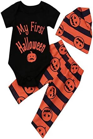 My First Halloween,Kehome 3pc Infant Newborn Girl Boy Halloween Costume, Short Sleeve Romper+Pants+Hat,Pumpkin Striped