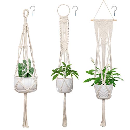 3 Pack Macrame Plant Hangers, Soonow Hanging Planters for Indoor Plants With Hooks Home Decor