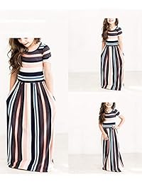 Fashspo - Vestido largo de verano para niña, manga corta, estampado floral, cintura imperio, con bolsillos 2-10T