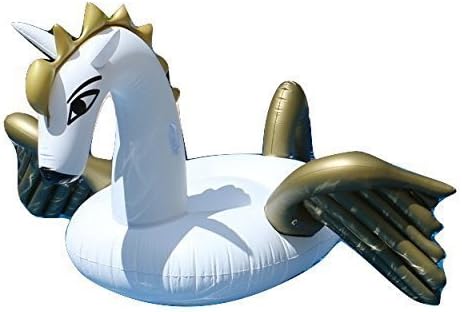 AquaFun - Giant Inflatable Unicorn/Pegasus 7 Foot Plus Rideable Pool Float - White/Gold by AquaFun