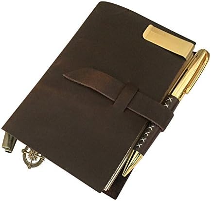 XanaYu-Handmade Genuine Soft Brown Leather Vintage Writing Journal-Classic Travel Planner- Notebook-Diary for Men and Women-Refillable- Unlined, Lined and Kraft Paper-Pen-Card Slots-Clip-Gift Box