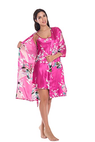Yukata Womens Gorgeous Loungewear 2PC Set Sleepwear Camisole & Robe, Rose 3XL