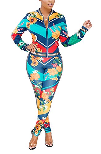 Women's Floral Print 2 Piece Set Open Front Zipper Jacket and Skinny Long Pants Plus Size Tracksuit