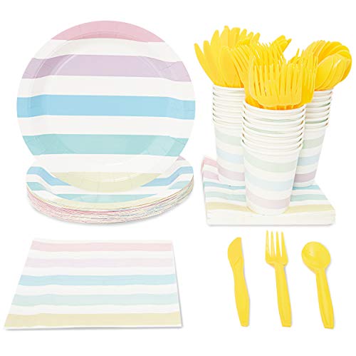 Blue Panda Pastel Stripes Party Supplies for Birthday, Baby Shower, and Girls Parties - Plates, Knives, Spoons, Forks, Napkins, and Cups, Serves 24