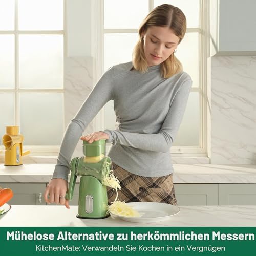 SUSTEAS Cheese Grater with Crank - Grater for Vegetables with 5 Drum Blades, Strong Suction Base, Vegetable Cutter, Ideal for Cheese, Cucumbers, Carrots, Nuts, Vegetables etc., with Blade Storage Box (Retro Green)