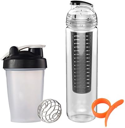 FLASH SALE! Healthy choice Fruit Infuser Water Bottle and Protein Shaker Blender Bottle with FREE Citrus fruit Peeler. Eco-Friendly and BPA free (Black)
