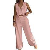 CHICME Women's Summer Two Piece Outfits V Neck Metal Button Front Crop Tank Vest Wide Leg linen Pants Matching Sets