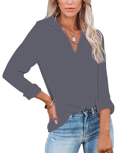 Diosun Womens V Neck Button Down Shirts Long/Short Sleeve Dark Grey at Amazon