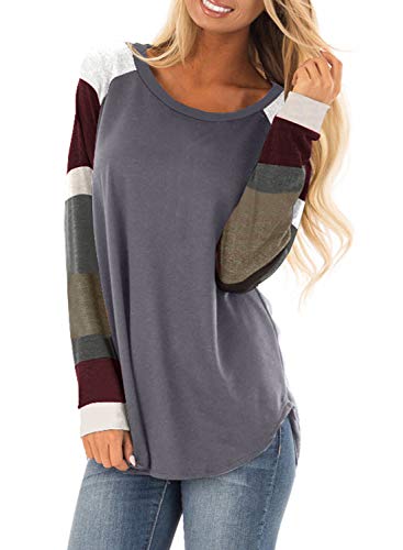 Actloe Women Crew Neck Color Block Long Sleeve Casual Pullover Sweatshirt Loose Tunic Tops Gray Large