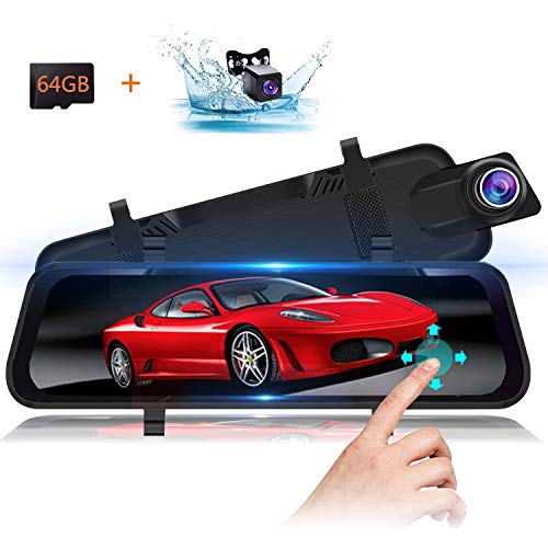 Mirror Dash Cam Touch Full Screen + 64 GB SD Card,1080P 170° Full HD Front Camera;1080P 140°Wide Angle Full HD Rear View Camera;Time-Lapse Photography, 24-Hour Parking Monitoring