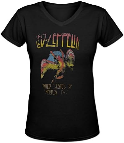 Detyu Women's Led Zeppelin U.S V Neck T Shirts L Black