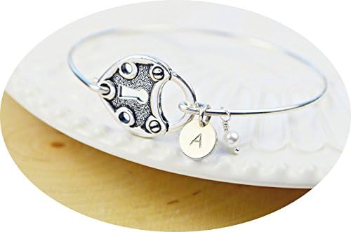 Heart Lock Bangle Bracelet- Personalized Initial, Birthstone Crystal, or Zodiac Sterling Silver Filled Wire Wrap Charm Dangle Bracelet- Made to Size