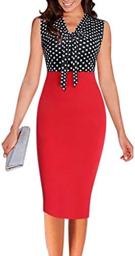 Woo2u Women's Bowknot V Neck Sleeveless Bodycon Midi Pencil Dress Red XXL