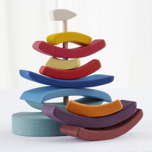 Grimm's Giant "Boat on the Water" Wooden Rainbow Stacking Tower, 11 Blocks