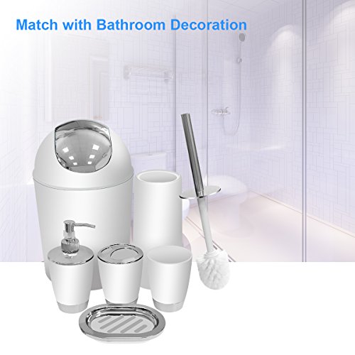 White Bathroom Accessories Set 6 Pieces Plastic Bathroom Accessories Toothbrush Holder, Rinse Cup, Soap Dish, Hand Sanitizer Bottle, Waste Bin, Toilet Brush with Holder - Thumbnail 5