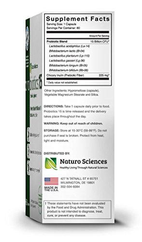 Naturo Sciences Probiotics 15 Billion CFU, Advanced Probiotic Supplement, Time Released Capsules in Dry Nitrogen Filled Blister Packs, 60 Servings, 1 a Day Servings