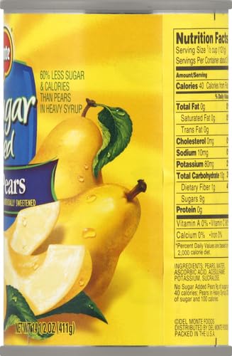 DEL MONTE CANNED BARTLETT SLICED PEARS IN WATER, ARTIFICIALLY SWEETENED, NO SUGAR ADDED, 14.5-OUNCE