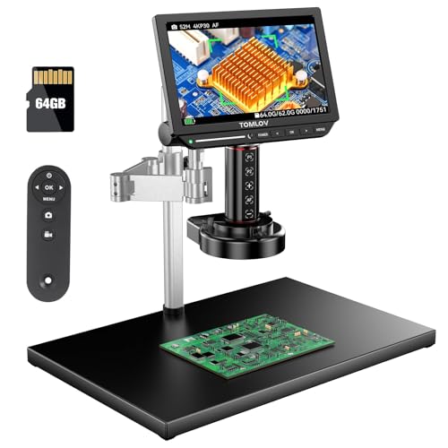 TOMLOV TM4K-AF Max Autofocus Digital Microscope 4K 2000X, HDMI 10.1" IPS Screen with 360 Rotatable Arm, 52MP Camera for Parts and Soldering with Ring Light, Compatible PC/TV, 64GB