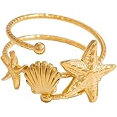 Bohemian Starfish Shell Finger Statement Ring for Women Gold Plated Dainty Seashell Star Wrap Open Adjustable Layered Thin Band Stacking Comfort Fit Stainless Steel Summer Beach Ocean Holiday Jewelry