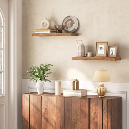 HOOBRO Floating Shelves for Wall, Wooden Floating Shelves Set of 2, Wall Mounted Shelf for Living Room, Bathroom, Bedroom, Floating Shelf with Invisible Bracket, Rustic Brown EBF60BJ01