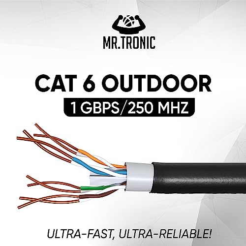 Mr. Tronic 50m Cat 6 Ethernet External Waterproof Cable Cat 6 High Speed LAN Network Cable for Fast Internet 1Gbps - AWG24 Bulk Without RJ45 Connectors, UTP CCA (50 Meters, Black)