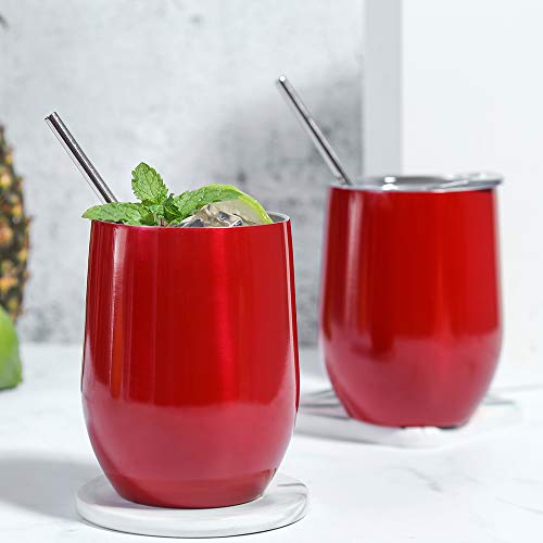 2 Pack 12 oz Wine Tumbler with Lids, Double Wall Vacuum Insulated Stainless Steel Stemless Wine Glass, Travel Coffee Mug Cup for Wine, Drinks, Champagne, Cocktails (Include Straws & Brush) (Red)