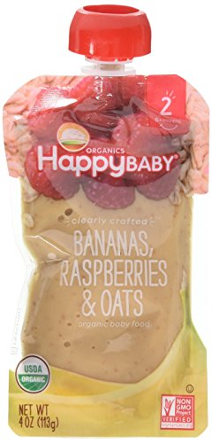 Happy Baby Organic Clearly Crafted Stage 2 Baby Food Bananas Raspberries & Oats, 4 Ounce Pouch (Pack of 8) Resealable Baby Food Pouches, Fruit & Veggie Puree, Organic Non-GMO Gluten Free Kosher