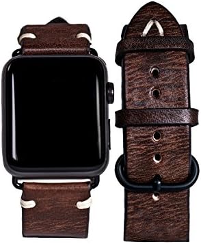 For Apple Watch - ASH Premium Watch Bands Stitched Leather for Series 1 2 3, Classic Replacement Strap with Secure Black Round Buckle, Adapter for iWatch (Dark Brown, 42mm)