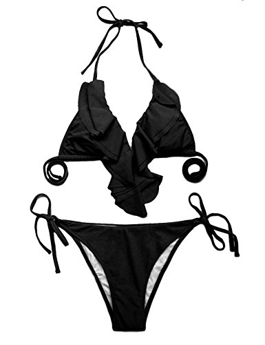 RELLECIGA Women's Lined Ruffle Triangle Bikini Swimsuit, L, Black