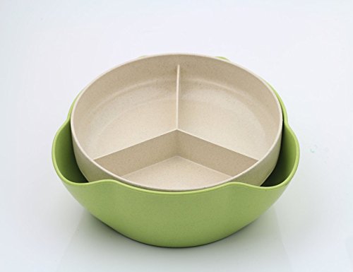 Double Dish Serving Bowl For Pistachios, Peanuts, Edamame, Cherries, Nuts, Eco-Friendly Wheat Straw Biodegradable, with Three Grid Shell Storage, Blue
