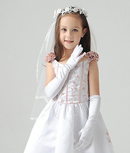 PURFUN Kids Girl Pincess Pearl Long Satin Gloves First Holy Communion Halloween Costume Birthday Party Gloves for 6-10yrs