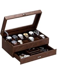 BEWISHOME Watch Box for Men Luxury Watch Organizer Faux Leather Watch Case with Jewelry Drawer, Real Glass Top , Metal Hinge, Brown SSH12Z