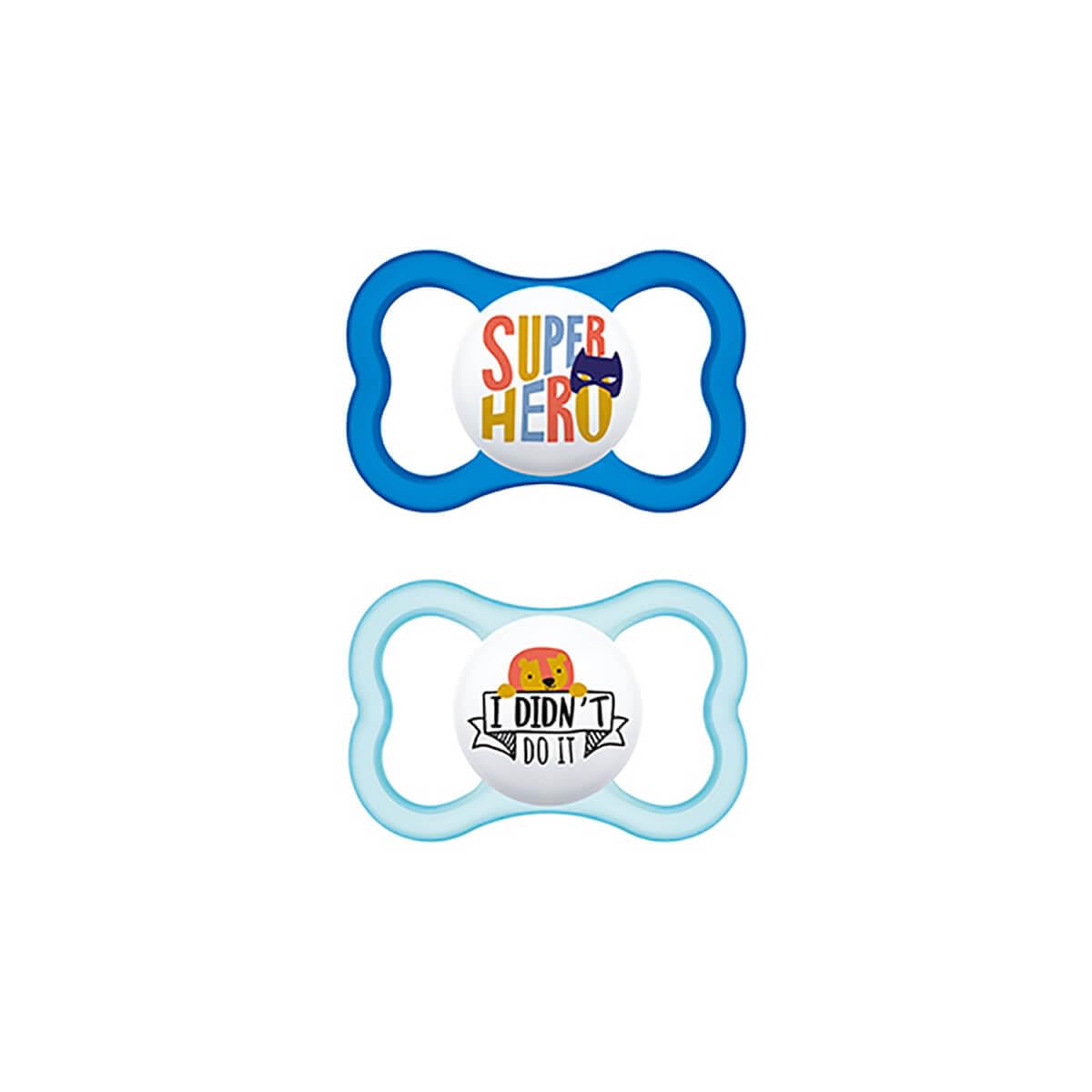 MAM Pacifier with Ventilated Shield, from 16 Months, with Symmetrical, Flat and Flexible Silicone Teat of Easy Acceptance, with Self-Sterilizing Box, MAM Air, Matte Blue, Pack of 2