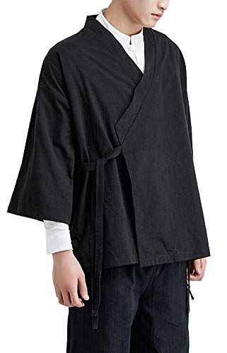 Hotmiss Men's Casual Kimono Cardigan Noragi Jackets Cloak Open Front Coat 2XL (Pure Black, XX-Large)