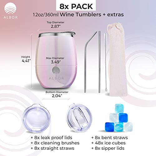 Albor Triple Insulated Wine Tumbler with Lid Stainless Steel 12 Oz Tumbler Glitter Blush (8 Pack)